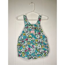 Vintage OshKosh B Gosh Overall Shortall Floral Denim Blue Baby 12 Months Rare