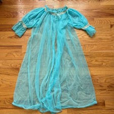 60s Teal Peignoir Sheer Robe Lacy Retro Coquette Lingerie