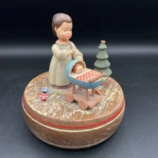 VTG ANRI Music Box Thorens Swiss Movement Rotates Girl Baby Carriage Mushrooms