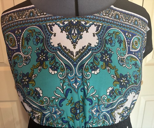 Woman’s Dress Sz 20 By En Focus Black W/ Blue Geometric Designs Short Sleeve - Picture 2 of 7