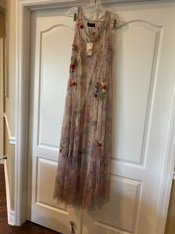 Nuevo vestido de malla Johnny Was BIYA SABAI. Maxi Rosa Transparente Bordado Floral Talla L Foto 3 de 4