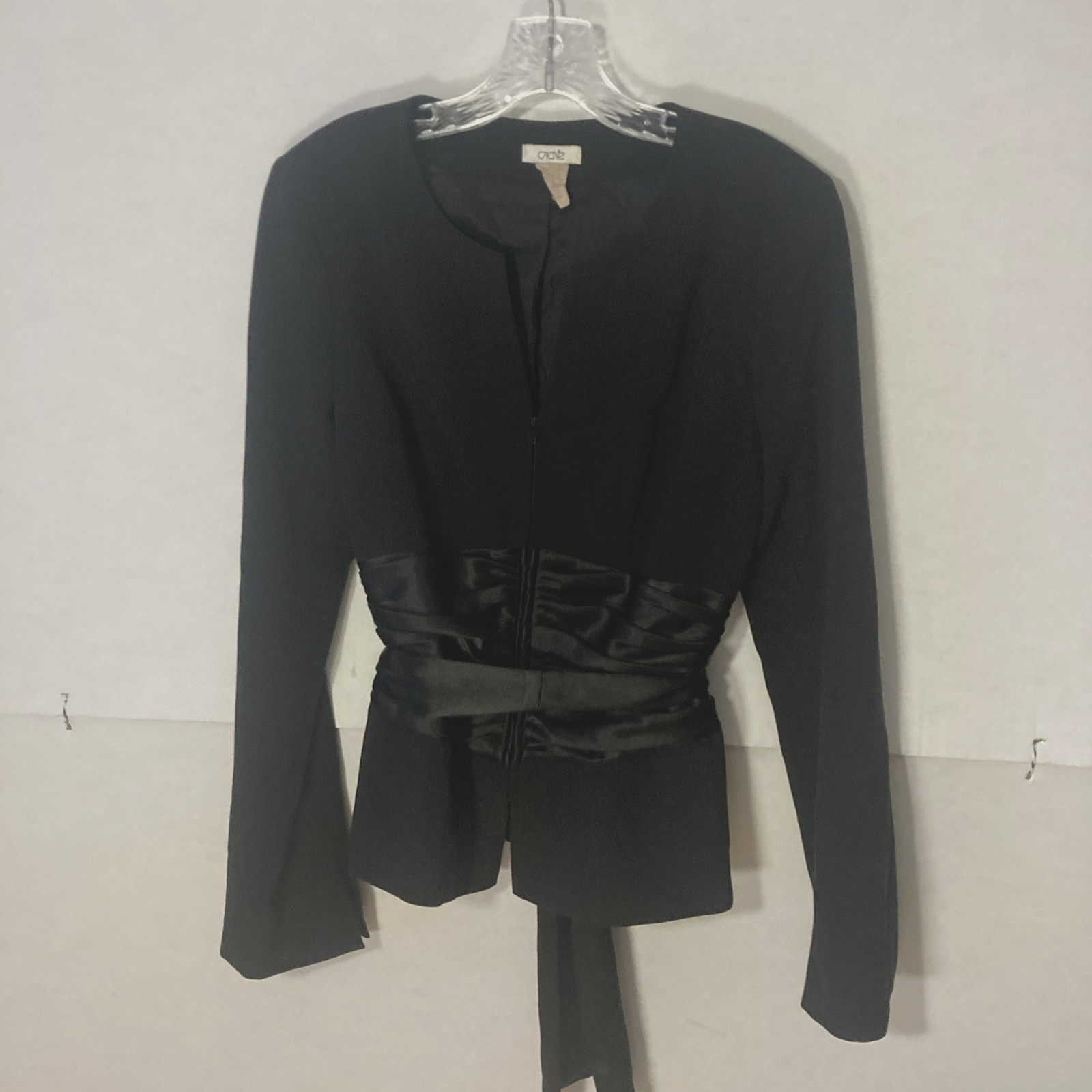 CACHE black v-neck satin cummerbund waist tie back zip up jacket 6