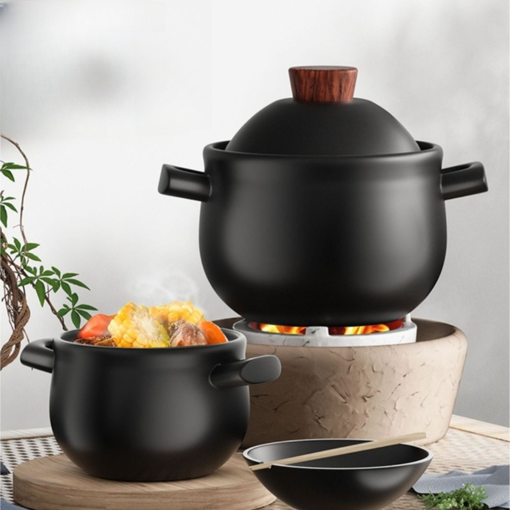 3,6L Tontopf für Suppeneintopf Congee Reis 21,5 x 13 cm Schwarz Ton Kochgeschir