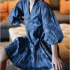 Briton Court Hattie Dress In Dutch Blue Balloon Puff Sleeves Tropical Palm Sz M