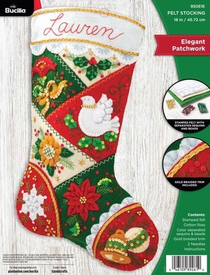 DIY Bucilla Elegant Patchwork Poinsettia Dove Christmas Felt Stocking Kit 89261