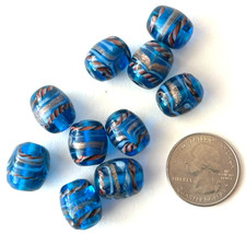 10 Vintage Turquoise Blue GLASS BEADS Gold Glitter Swirl Venetian Murano Loose