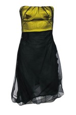 Gucci - Black Organza Strapless Midi Dress w/ Chartreuse Bodice Sz 4