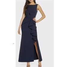 ELIZA J Women's Cascading Ruffle Front Gown Size 16 Navy Blue Sleeveless NWT