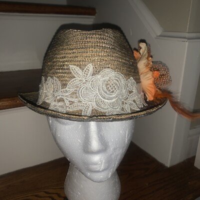DANIELE MEUCCI Italy 100% Straw Fedora Lace Bucket Orange  display picture 3