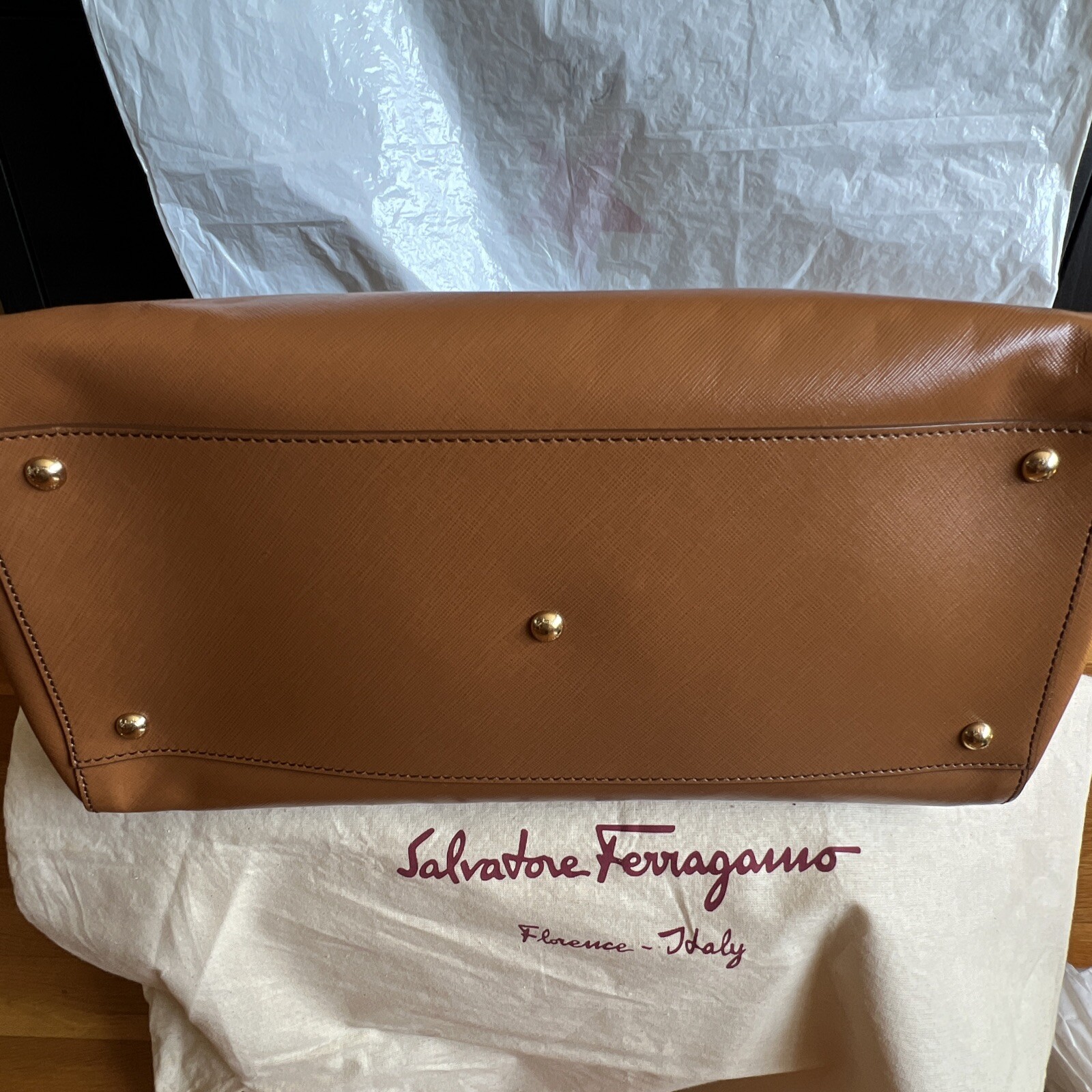Authentic Salvatore Ferragamo Batik ( Dark Camel  ) Saffiano Leather Handbag image 3