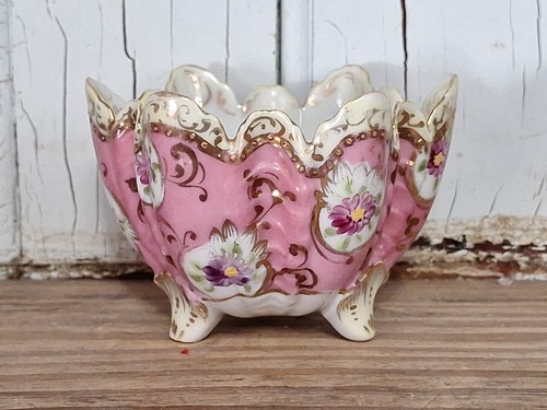 Antico piatto condimento caramelle porcellana rosa smerlato bordo oro dipinto a mano - Foto 7 di 12
