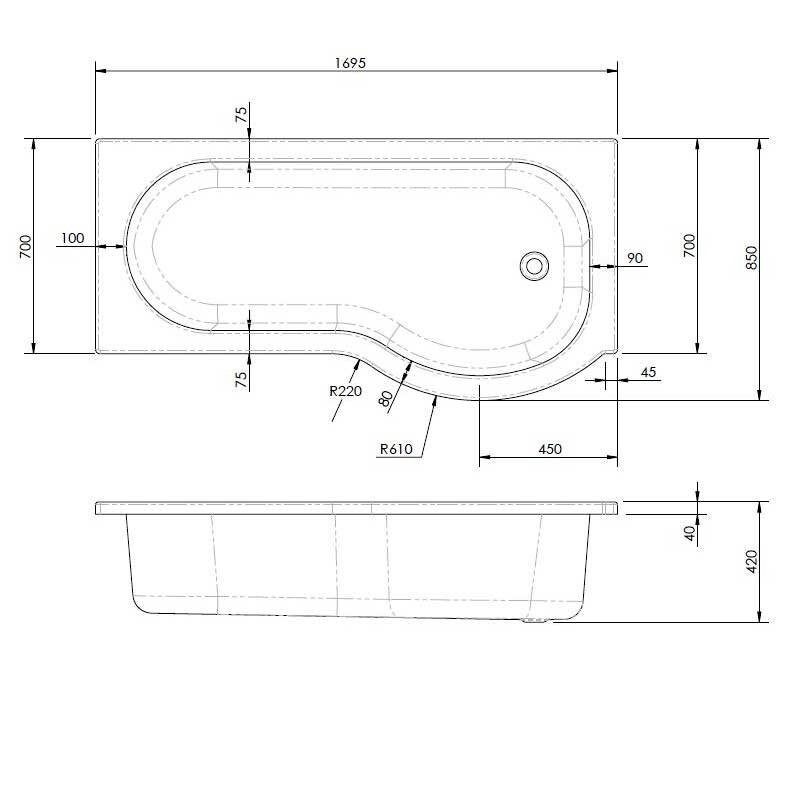 1700mm Modern P Shaped Shower Bath Front End Panel Hinged Curved Screen ...