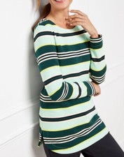 T by Talbots Sweatshirt Green Stripe LP French Terry Boat Neck Pullover New G2