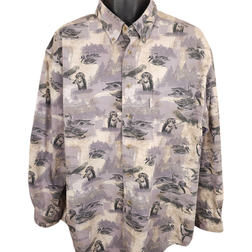 Vintage Duck Hunting Shirt Mens Size XL Beige 90s All Over Print Retriever Dog - Picture 2 of 7