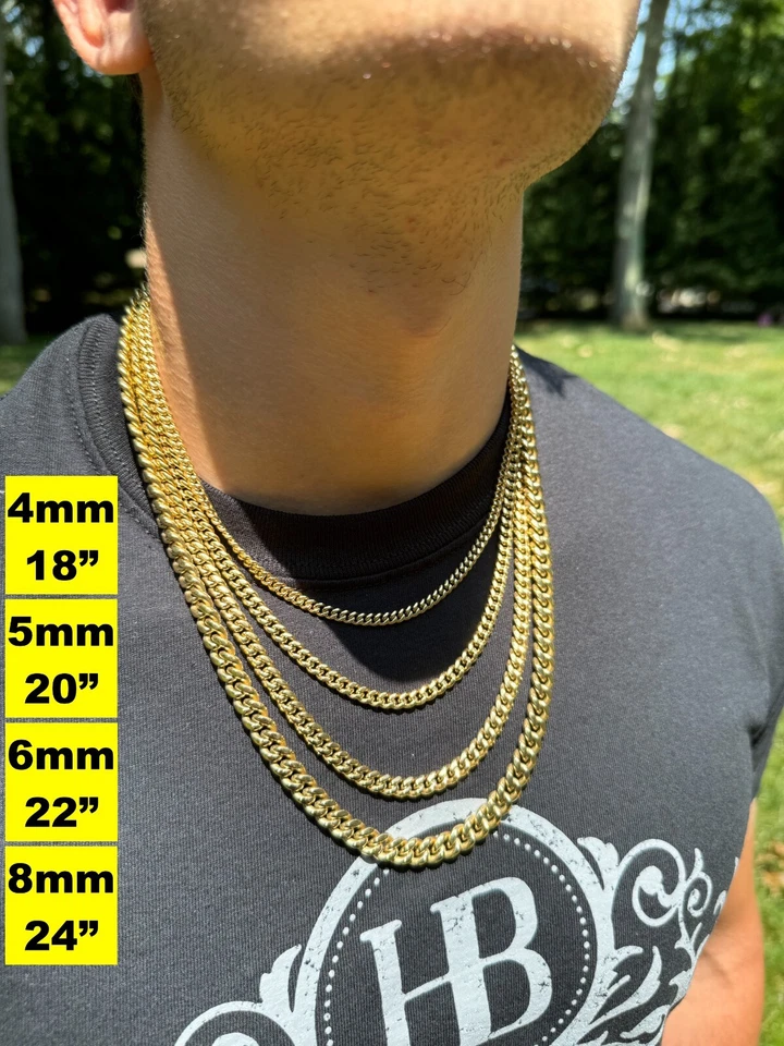 Miami Cuban Link Chain Necklace Bracelet 14k Gold Plated Stainless Steel 4-18mm - Image 2 of 4