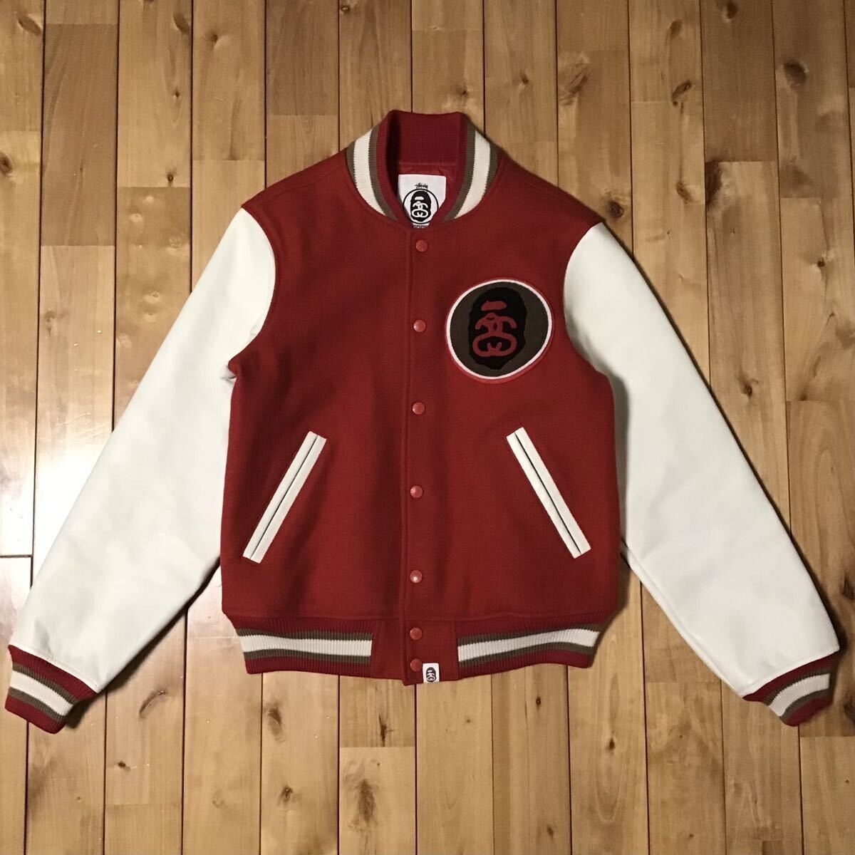 BAPE × stussy sleeve leather varsity jacket A Bathing Ape BAPE × stussy sleeve leather varsity jacket A Bathing Ape