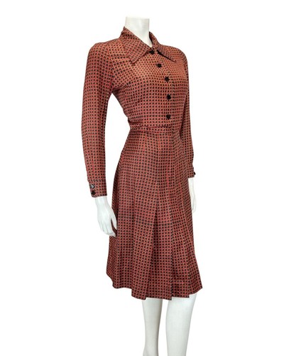 VINTAGE 70s RUBY RED BLUE CHECKED GEOMETRIC NINA RICCI DAGGER SHIRT DRESS 8 10 - Picture 3 of 9