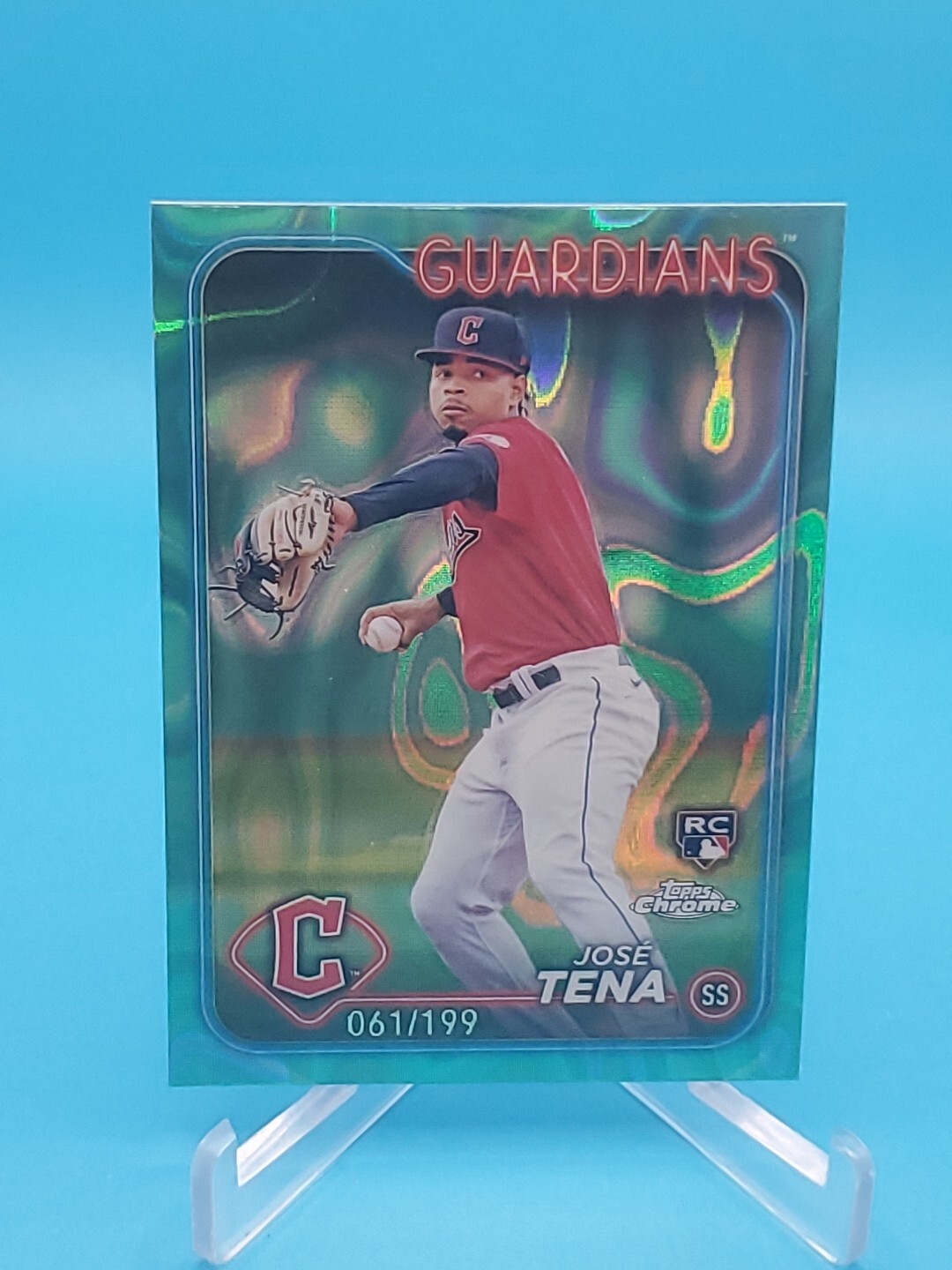 Jose Tena 2024 Topps Chrome RC #29 Aqua Raywave Refractor 61/199 - Guardians