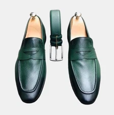 Handmade Green Leather Moccasin Slip On Business Shoes, Dress Shoes For Men