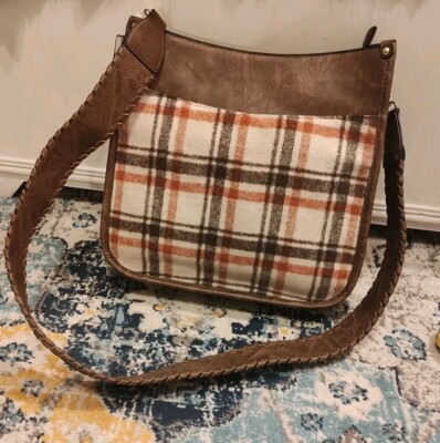 Jen&Co orange plaid brown faux leather crossbody