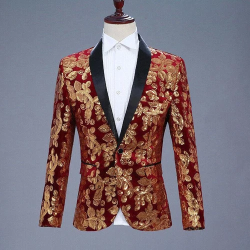 Men Sequin Shawl Lapel Suit Jacket Velvet Floral Blazer Wedding Prom Coat Tops - Picture 16 of 21