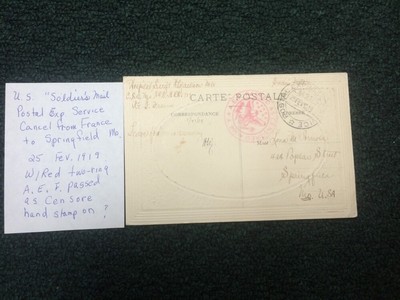 U.S. Soldiers Mail Postal Exp. Serv. Cancel France To MO. 2/25/19 AEF PASS. CEN