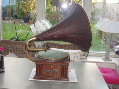 Antique gramophone with wooden horn