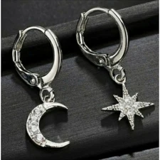 Silver Dainty Star Crescent Moon Earrings