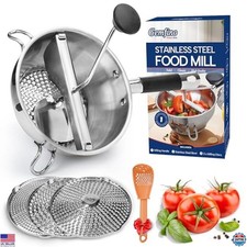 Stainless Steel Food Mill with 3 Discs, Ergonomic Handle, Dishwasher Safe