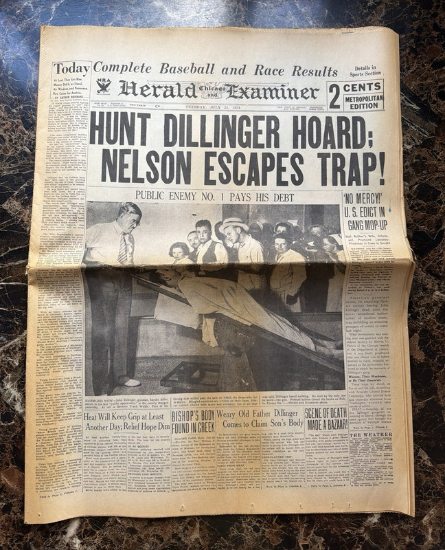 1934 - Herald-Examiner Newspaper "Hunt Dillinger Hoard; Nelson Escapes Trap!"