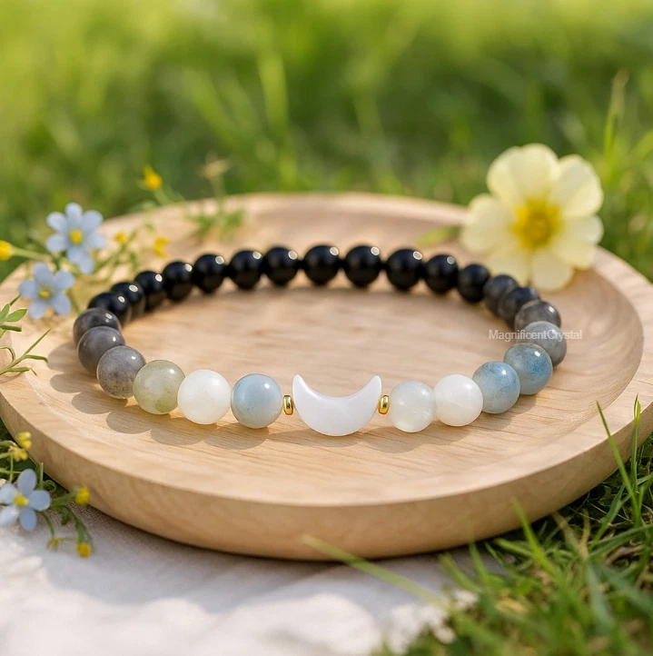 Pulsera de labradorita con piedras lunares de perlas fase lunar dije cristal joyería curativa Foto 3 de 4