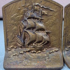 Vintage Sailing Ship Bookends Pair Brass Nautical Maritime 177 Heavy