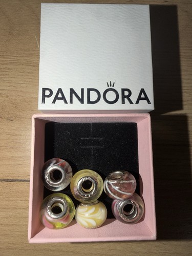 Pandora Set of 6 Murano Glass Ribbon Beads Yellow Pink 925