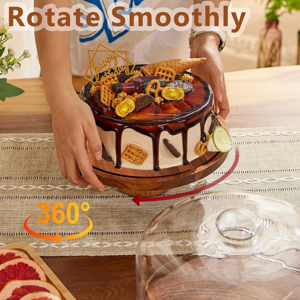 Glass Cake Stand W/ Lid,11in Wooden Rotating Cake Stand W/ Dome Cover ...
