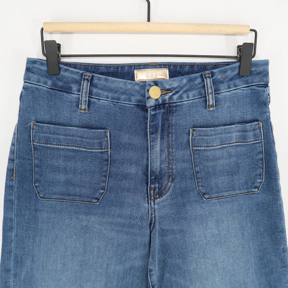 Pantalones de mezclilla para mujer KUT From The Kloth Meg pierna ancha 4 azul tiro alto parche bolsillo Foto 2 de 4