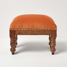 Burnt Orange Velvet Footstool 50x30cm Ottoman Pouffe with Wooden Legs 40cm Tall