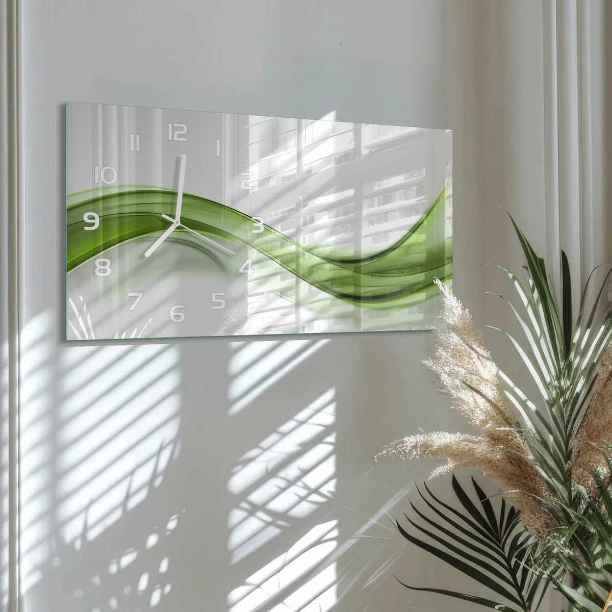 Reloj de Pared Rectangular Horizontal Vidrio Templado Premium Ola Verde 60x30 cm