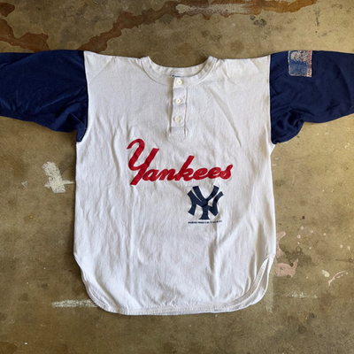 1988 VINTAGE 80s NEW YORK YANKEES BASEBALL HENLEY T-SHIRT SZ L