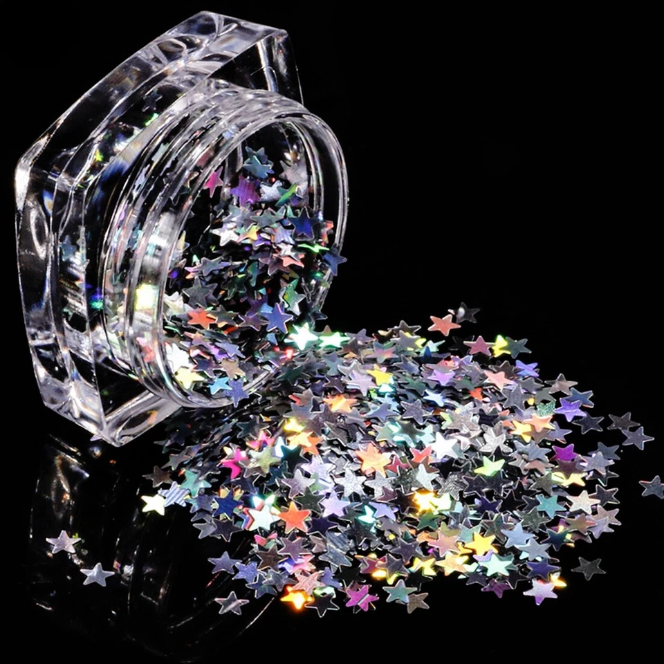 NAILS WORLD X18 Nail Art Glitter Silver STAR Holographic 3D Manicure Shining Decoration UK