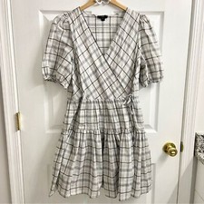 J. Crew Puff Sleeve Wrap Dress Oyster Plaid Medium Ruffle Puff Sleeve