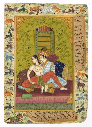 Indian Painting A Mughal king With Semi Nudes Queen In Love Scene 5.5x8 Inches - Picture 1 of 6