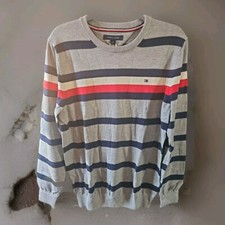 Tommy Hilfiger Gray  Blue Striped Lightweight Crewneck Sweater Size L LARGE NWT
