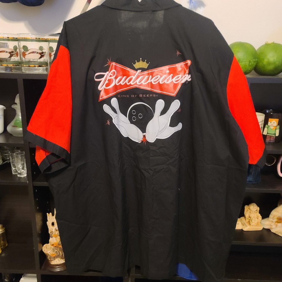 Vintage BUDWEISER Bowling Shirt Mens 3XL Red Black Budweiser Rockabilly