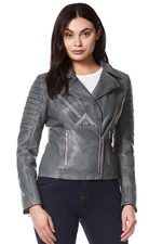 Ladies Real Leather Jacket Grey Stylish Fashion Designer Soft Biker Style 9334