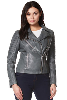 Damen Echt Leder Jacke Grau Stylisch Mode Designer Weich Biker Style 9334