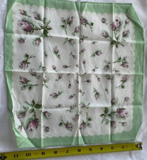 VTG Ladies Green Border w/Purple Rose Cotton Handkerchief