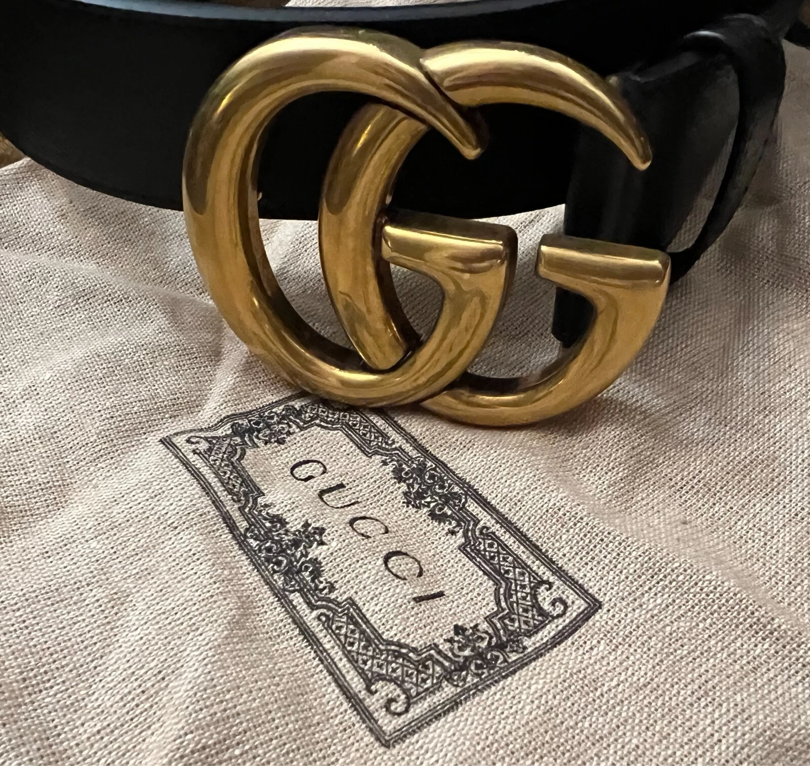 Ceinture large en cuir noir/or 75 cm unisexe Gucci GG Marmont authentique NEUVE