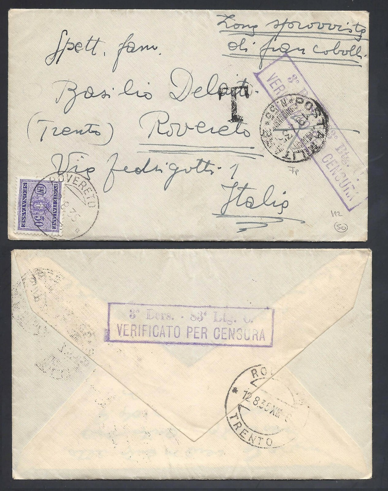 STORIA POSTALE Colonie AOI 1935 Lettera da PM 55 a Rovereto Tassata (H2 ...