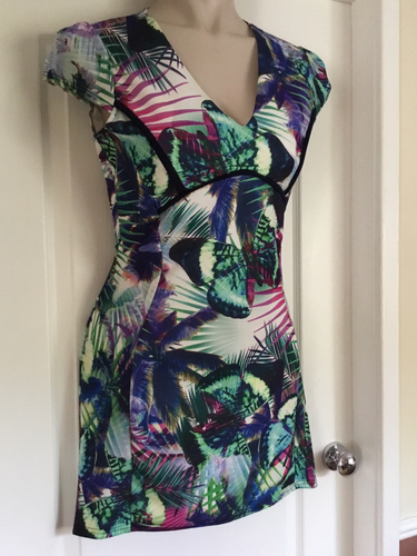 Quiz Butterfly Tropical Print Body-con V Neck Pencil Dress Size 16 Vgc - Picture 3 of 4