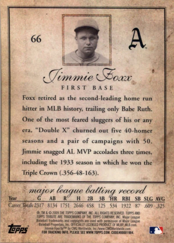 2009 Tribute #66 Jimmie Foxx Philadelphia Athletics BX T1H - Image 2 of 2